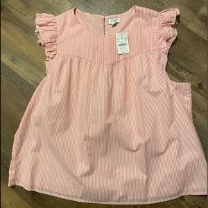 Jcrew coral and white striped ruffled sleeveless blouse 14/16